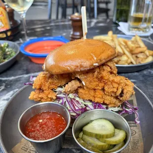 Crispy chicken sandwich on brioche bun! House made pickles! Yum