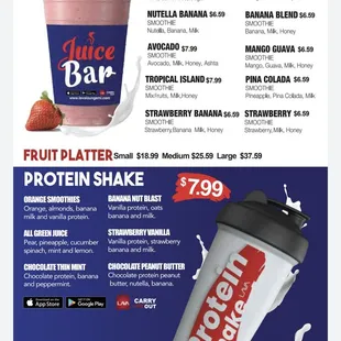 the menu for the juice bar