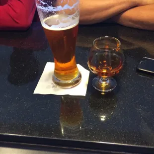 a glass of beer and a cell phone