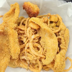 Catfish Dinner (Catfish, onion rings, fries, okra, hushpuppy)