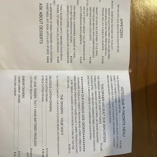 Appetizers and entrees menu