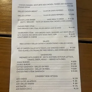 Salads, sandwiches, burgers menu