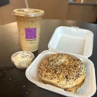 Cream cheese bagel and Iced Vanilla Latte