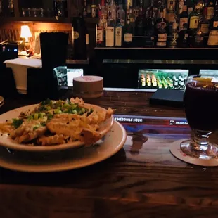 a plate of food and a drink