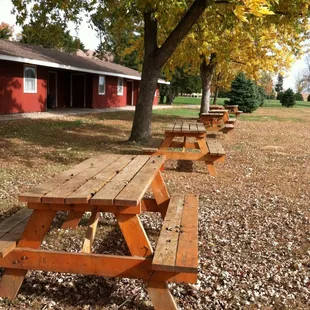 We have 3 dorm-style cabins located on our property with picnic tables spread throughout the property.