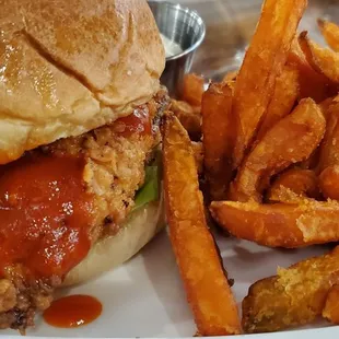 a chicken sandwich and french fries