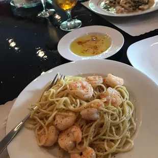 Generous serving of Shrimp scampi with large shrimp that were delicately cooked