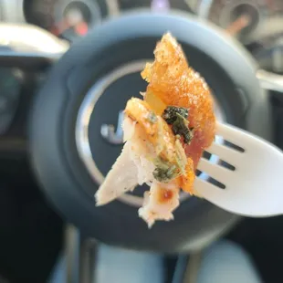 a piece of pizza on a fork