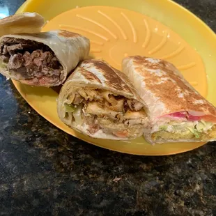 Beef shawarma, chicken shawarma and falafel sandwich