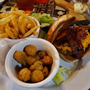 Burger, fries and okra..