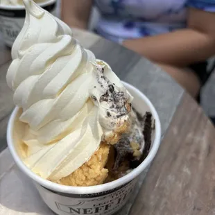 Heated cookie dough and brownie batter with soft serve