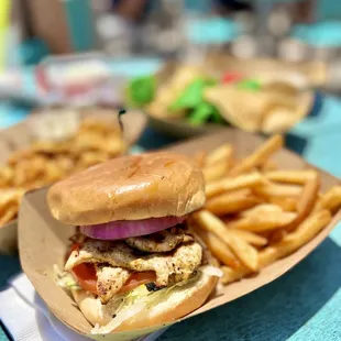 a chicken sandwich and french fries