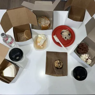 Choc, redv, van cupcakes | Lemon cake slice | Cinnamon, blueberry scones | Coconut macaroon | Snickerdoodle cookie | Coconut butter cake