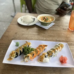 Panang Curry and Sushi Rolls ( LaBamba, Tampa, and Mexican roll)