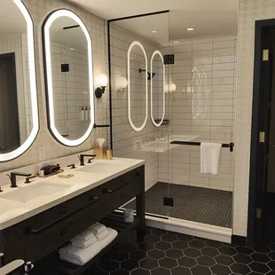 a bathroom with double sinks