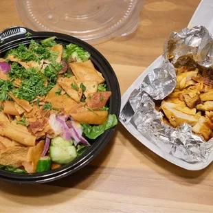 Fattoush Salad and chicken shawarma-- look at the size of that salad bowl!