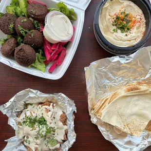 Falafel, hummus and pita, tahini cauliflower