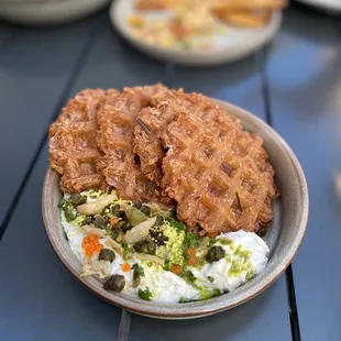 Onion dip with potato waffle