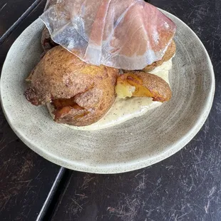 Potatoes, Ham slice and delicious sauce
