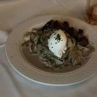 Mushroom stroganoff with steak add on. Delicious but a bit heavy handed with the sauce.