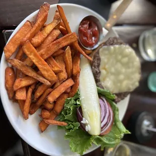 Mission burger with sweet potatoes Basket of Kennebec Fries