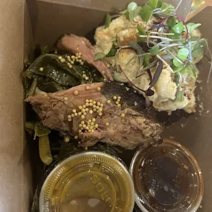 Mac and cheese and collard greens (two bbq sauces)