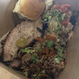 Brisket, pulled pork, chicken, rolls