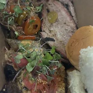 3 meat platter. Chicken, rolls, brisket and pulled pork