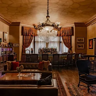 a living room with a chandelier