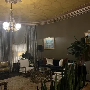 a living room with a chandelier