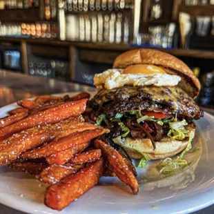 Smash burger and sweet potato fries