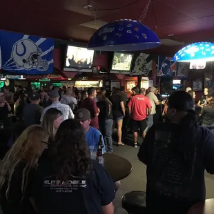 a large group of people in a bar