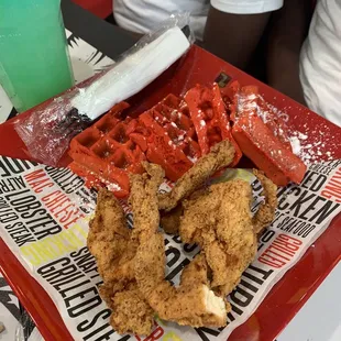 Red velvet chicken and waffles
