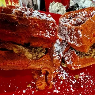 Red velvet waffle and chicken sandwich