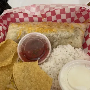 Burrito, rice, beans, and chips for Taco Wednesday