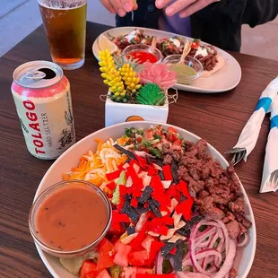 Tex Mex Salad with Carne Asada and balsamic dressing. Also carne asada tacos.