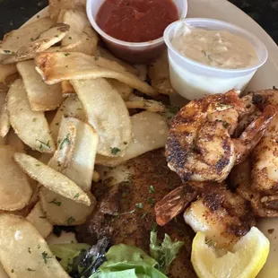 Grilled shrimp and fish with fries!