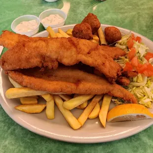 3 piece fish with fries and hushpuppies