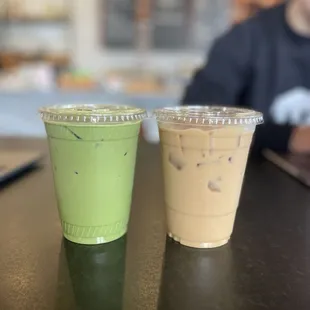 Extra Strong Matcha Latte and Vanilla Latte