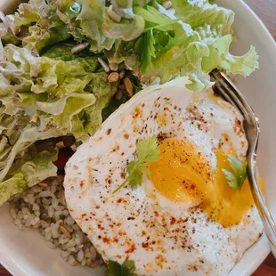 plate of food with rice, lettuce, and an egg