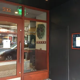 the entrance to a restaurant