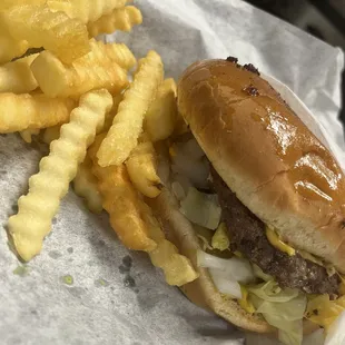 a hamburger and french fries