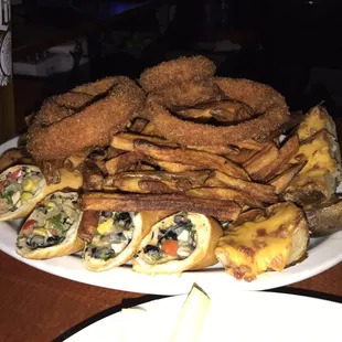 Sampler- Onion Rings, Egg Rolls, Fries, Mozzarella Sticks, Fried Chicken Wings, Chicken Strips, Mini Corn Dogs!