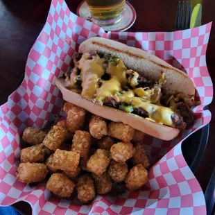 Philly cheese steak with tater tots! Yummy!