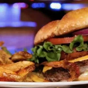 a burger and french fries on a plate