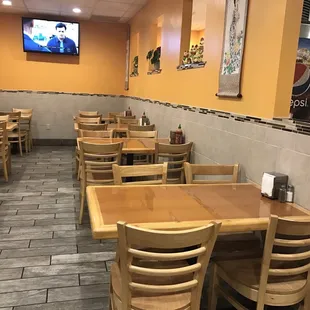 tables and chairs in a restaurant