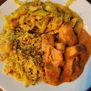 From the buffet. Chicken Tikka Masala, vegetable rice, and cabbage. Delicious!