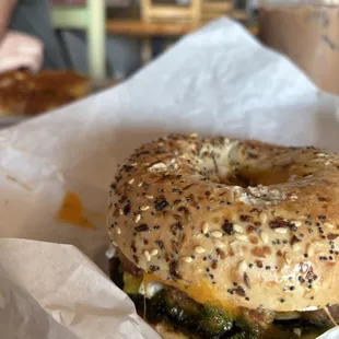 Everything Breakfast Sandwich on an Everything Bagel