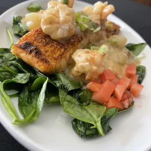 Broiled salmon with shrimp chowder.