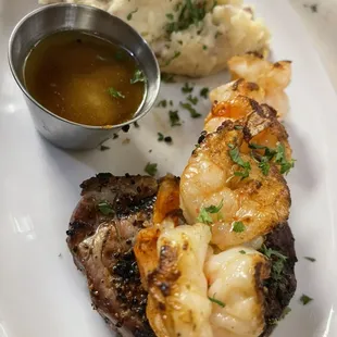 Filet with shrimp skewer, garlic mash and house made zip sauce